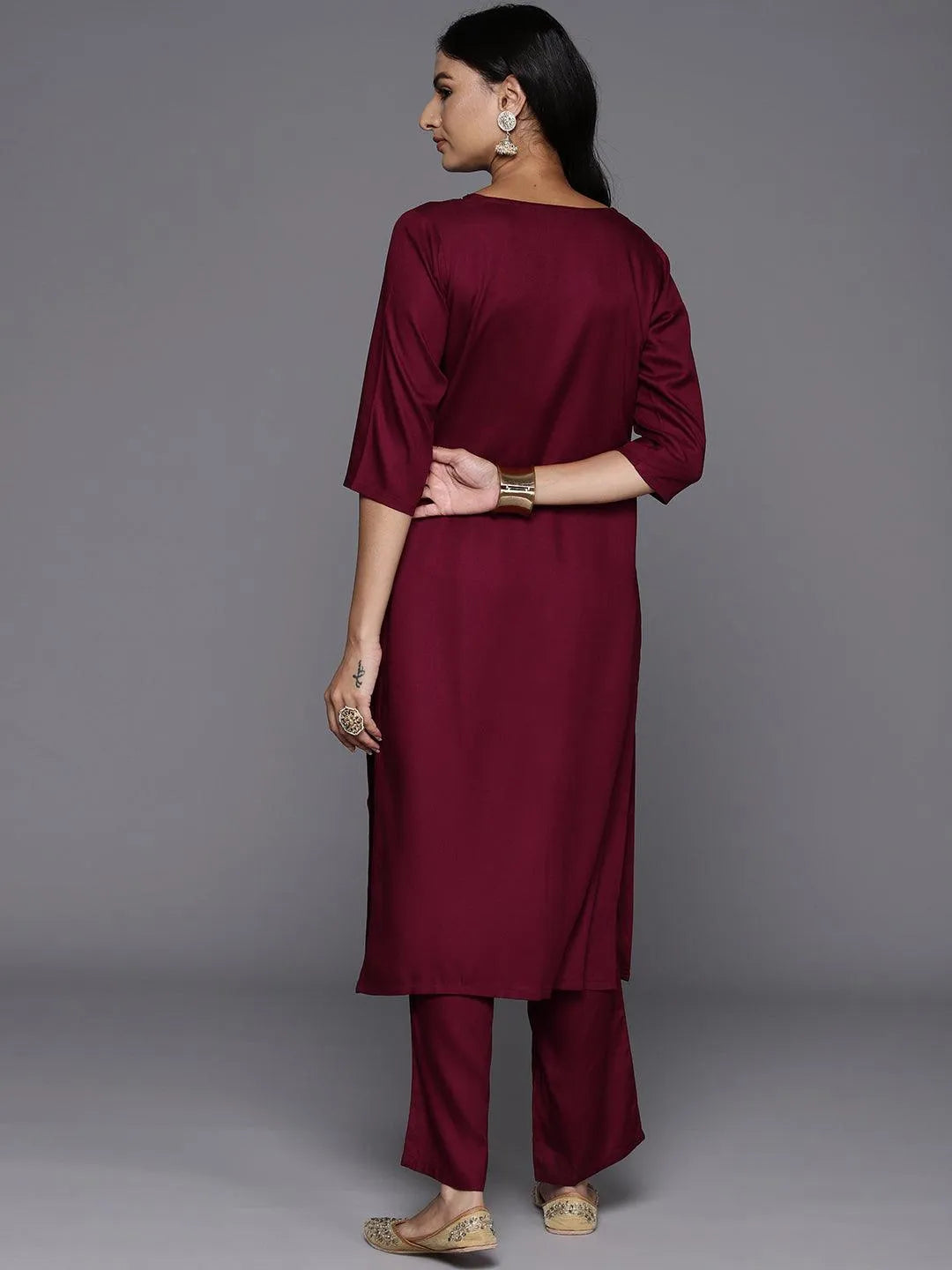 Mameraa Maroon Yoke Design Wool Blend Straight Kurta Set