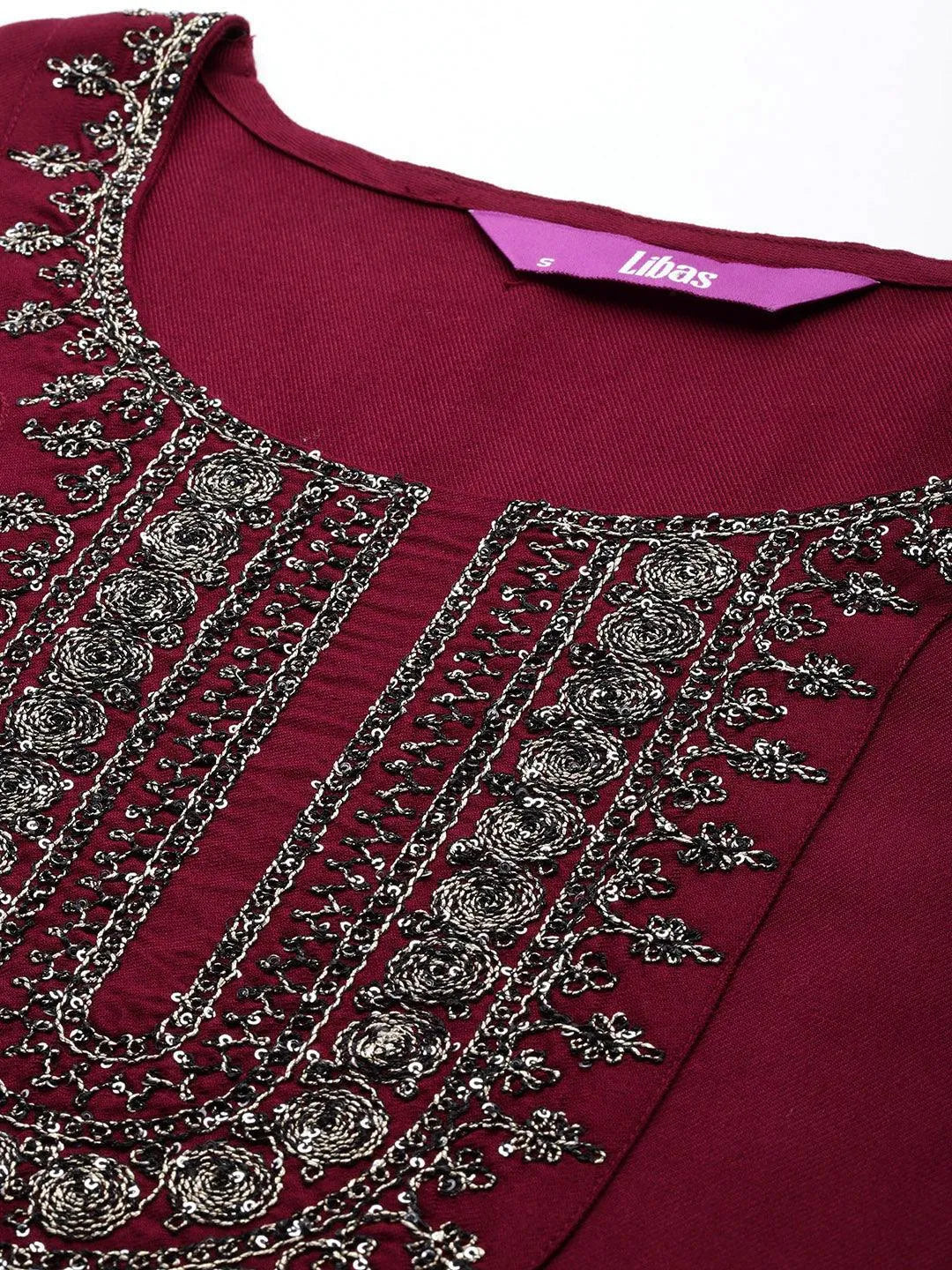 Mameraa Maroon Yoke Design Wool Blend Straight Kurta Set