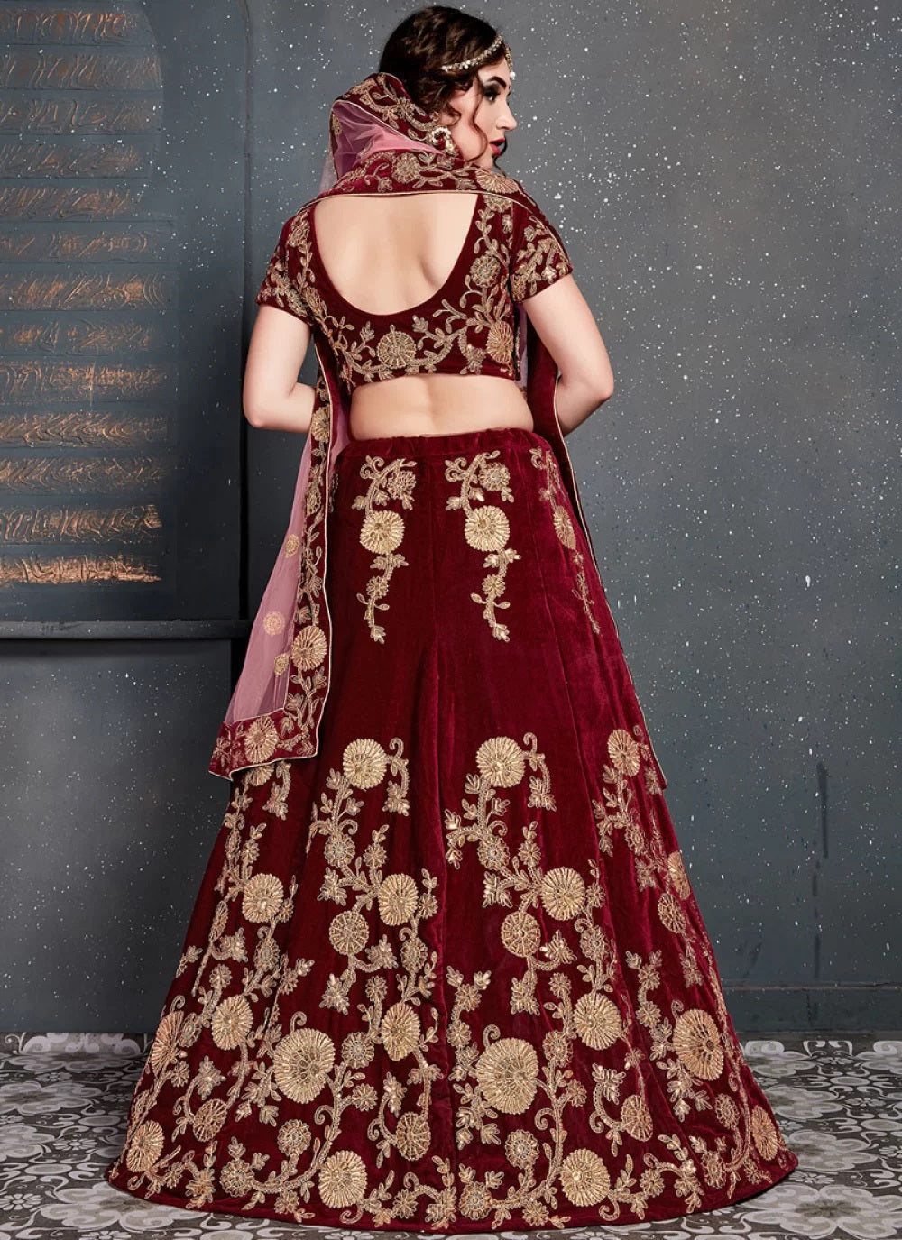Maroon zari work velvet lehenga bridal