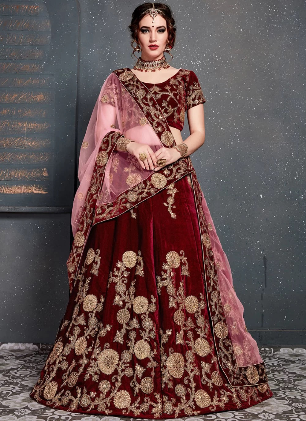 Maroon zari work velvet lehenga bridal