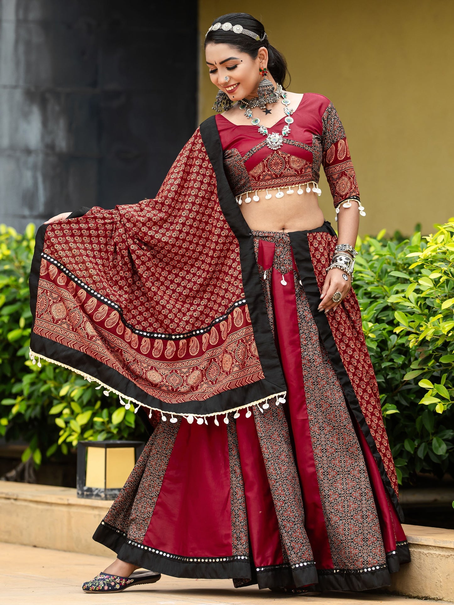 Maroon Cotton Flared Rajwadi Navratri  Lehenga Choli