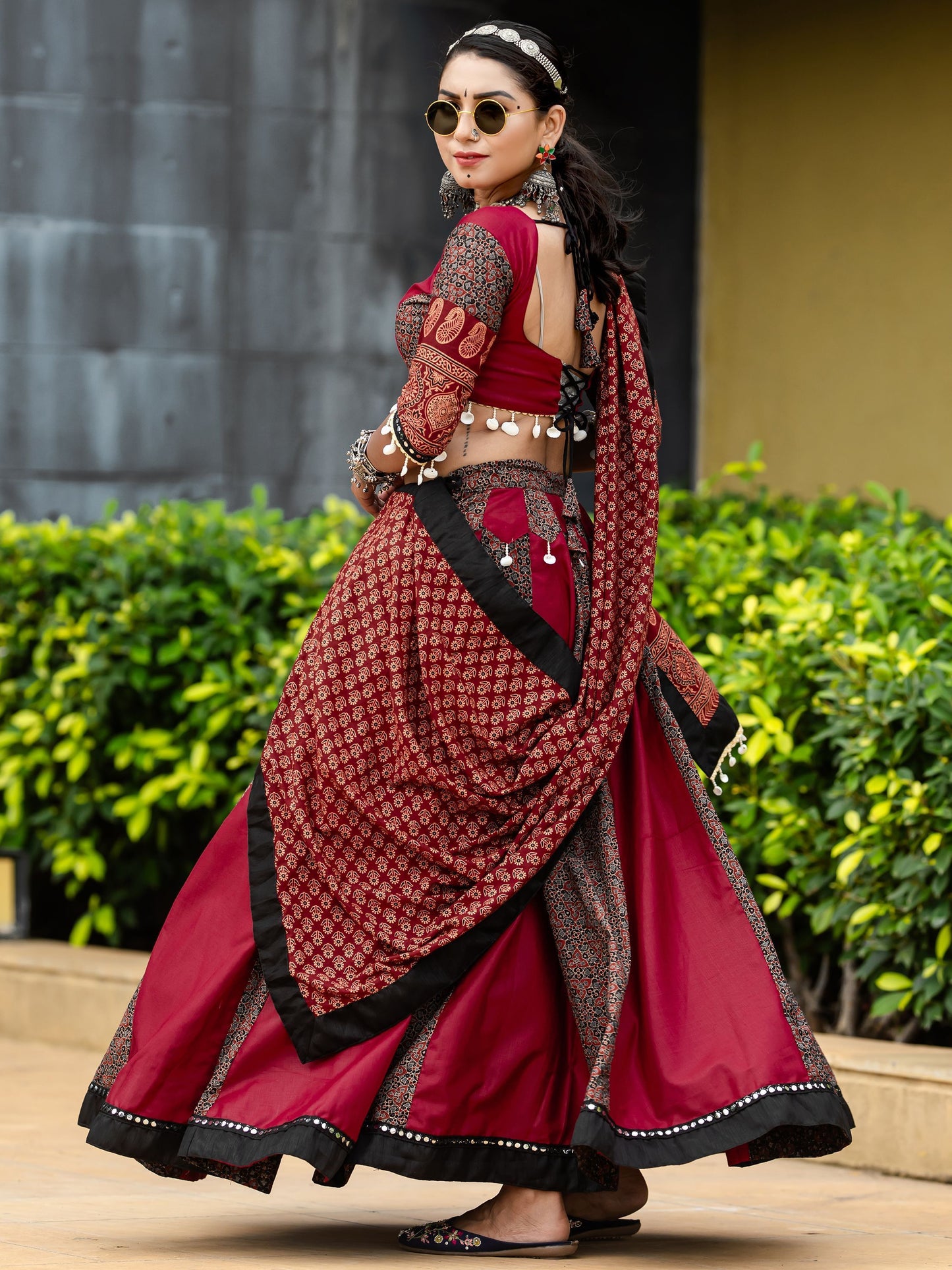 Maroon Cotton Flared Rajwadi Navratri  Lehenga Choli