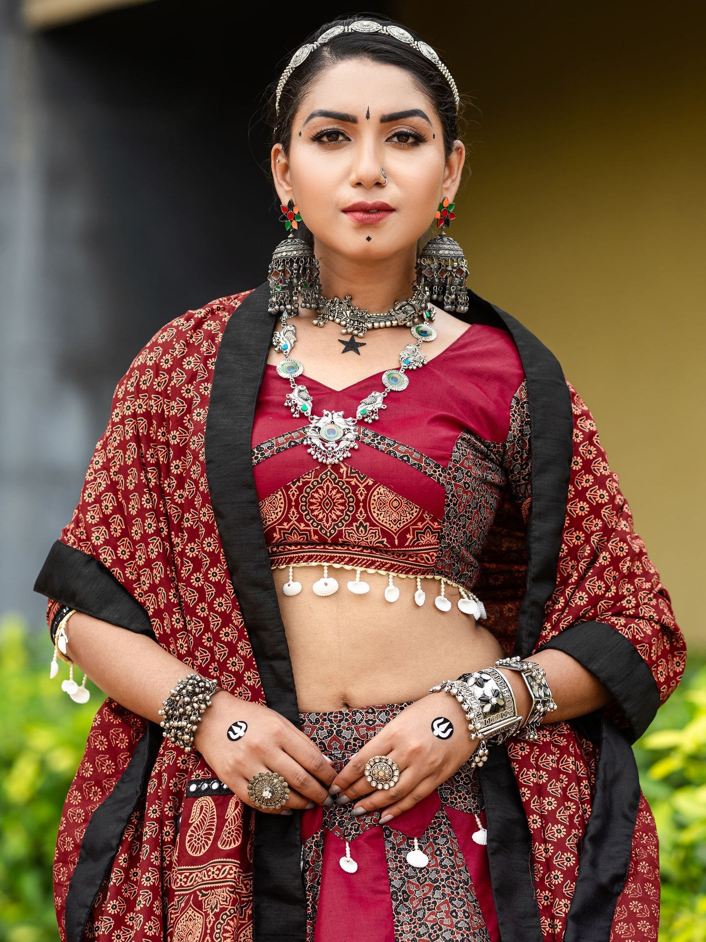 Maroon Cotton Flared Rajwadi Navratri  Lehenga Choli