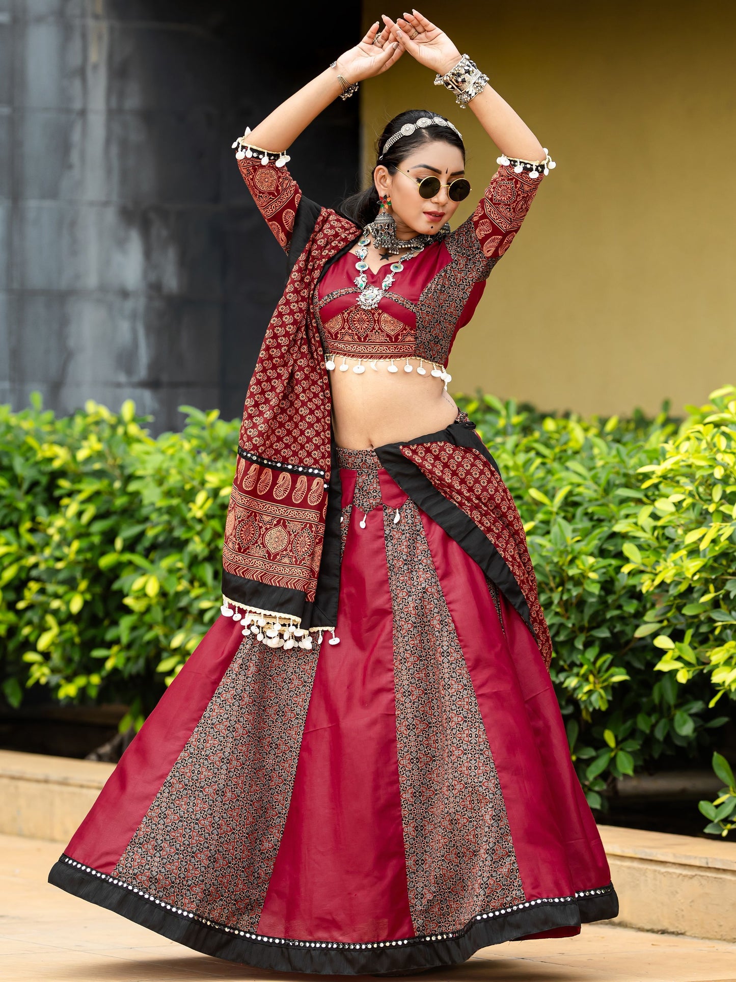 Maroon Cotton Flared Rajwadi Navratri  Lehenga Choli