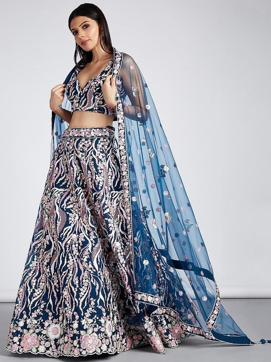 Marvelous Navy Blue Embroidered Net Lehenga Choli With Dupatta