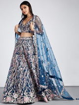 Marvelous Navy Blue Embroidered Net Lehenga Choli With Dupatta