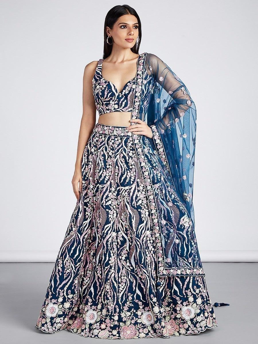 Marvelous Navy Blue Embroidered Net Lehenga Choli With Dupatta