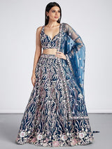 Marvelous Navy Blue Embroidered Net Lehenga Choli With Dupatta