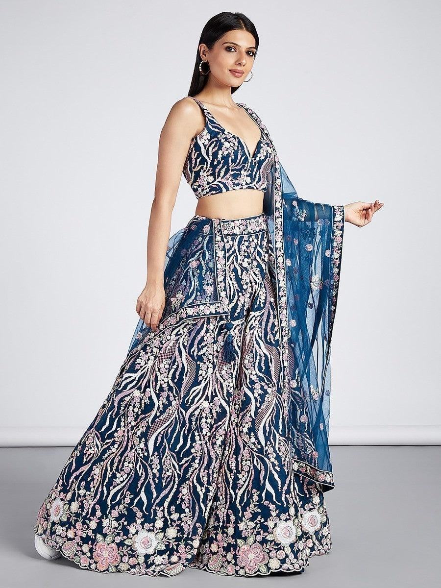 Marvelous Navy Blue Embroidered Net Lehenga Choli With Dupatta