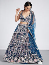 Marvelous Navy Blue Embroidered Net Lehenga Choli With Dupatta