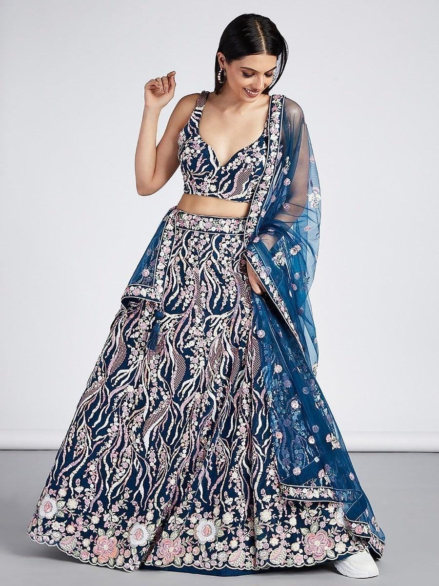 Marvelous Navy Blue Embroidered Net Lehenga Choli With Dupatta