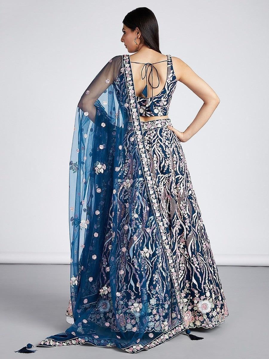 Marvelous Navy Blue Embroidered Net Lehenga Choli With Dupatta