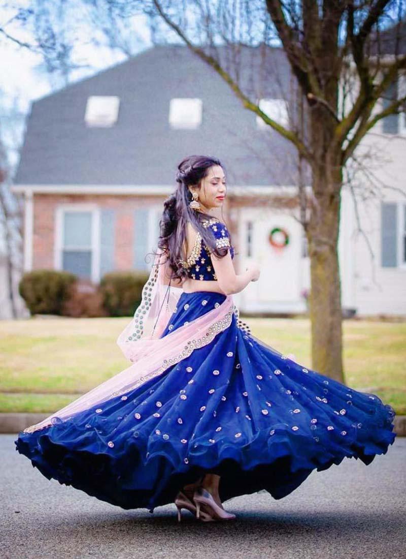 Marvelous Navy Blue Georgette Mirror Work Designer Lehenga Choli