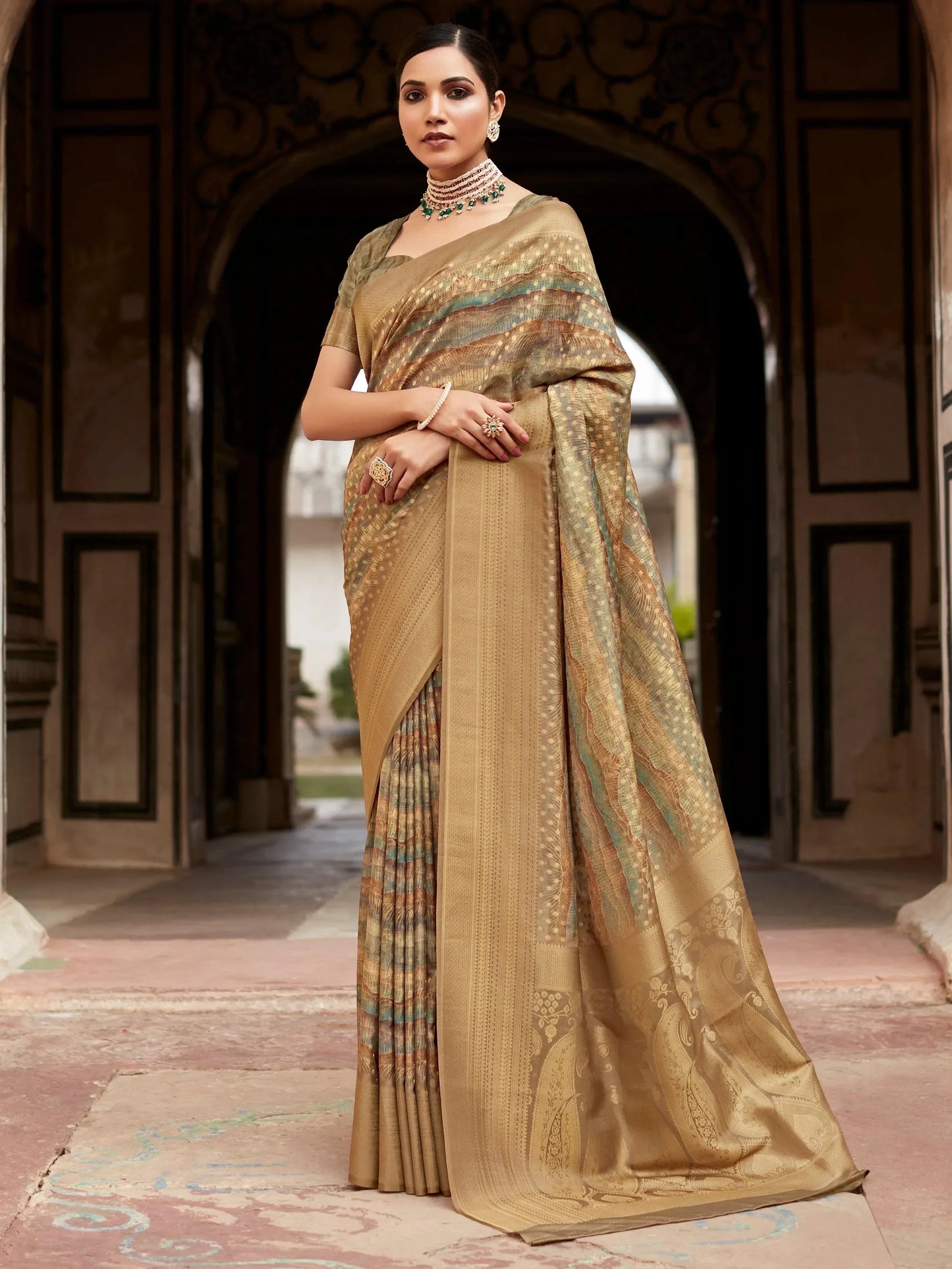 Marvelous Olive Green Digital Printed Tissue Silk Festival Wear Saree