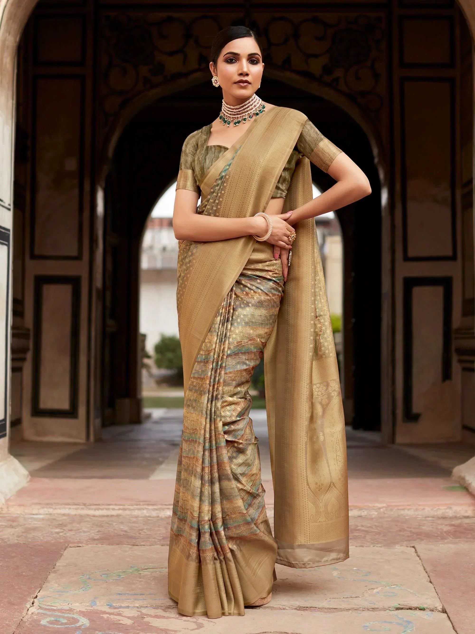 Marvelous Olive Green Digital Printed Tissue Silk Festival Wear Saree
