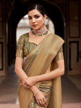 Marvelous Olive Green Digital Printed Tissue Silk Festival Wear Saree