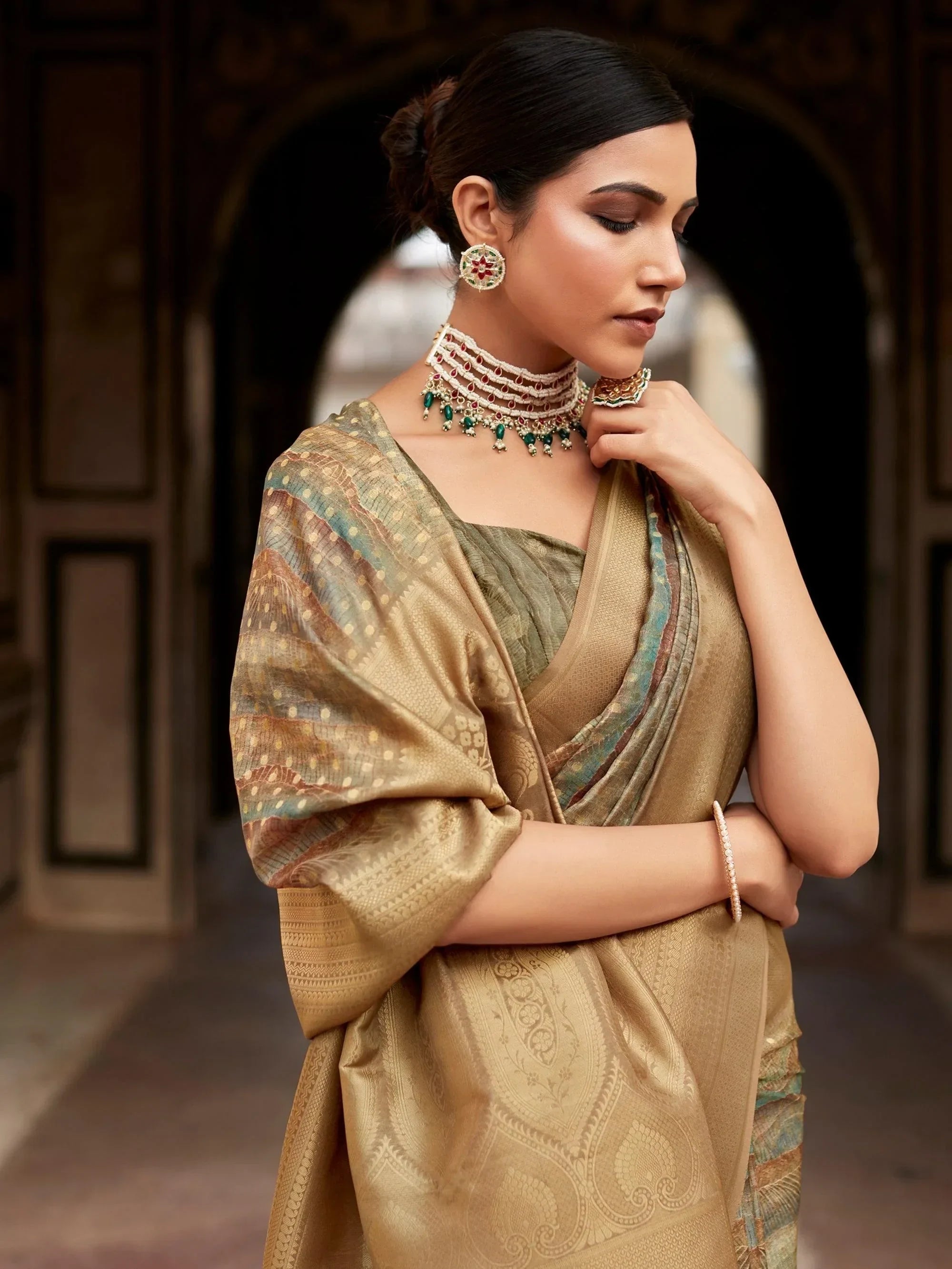 Marvelous Olive Green Digital Printed Tissue Silk Festival Wear Saree