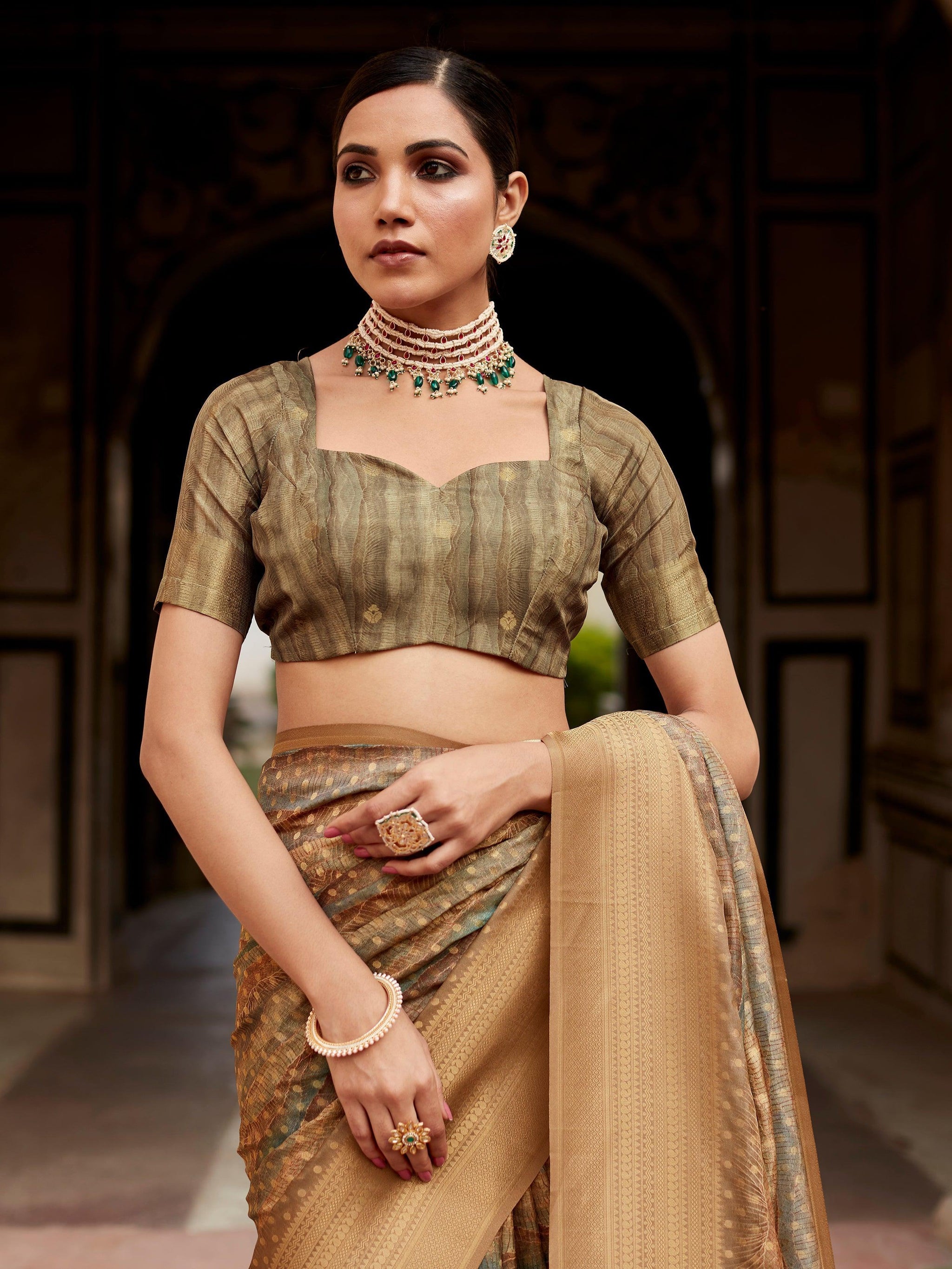 Marvelous Olive Green Digital Printed Tissue Silk Festival Wear Saree