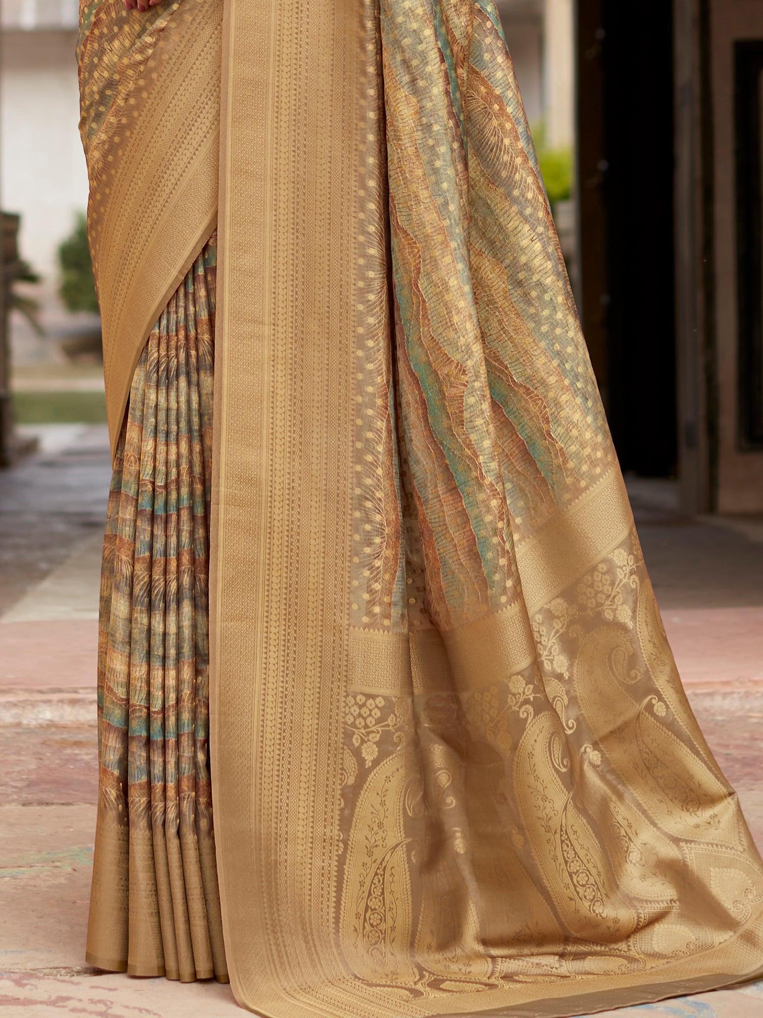 Marvelous Olive Green Digital Printed Tissue Silk Festival Wear Saree