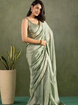 Marvelous Pista Green Border Work Chiffon Ready To Wear Saree With Blouse