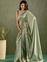 Marvelous Pista Green Border Work Chiffon Ready To Wear Saree With Blouse