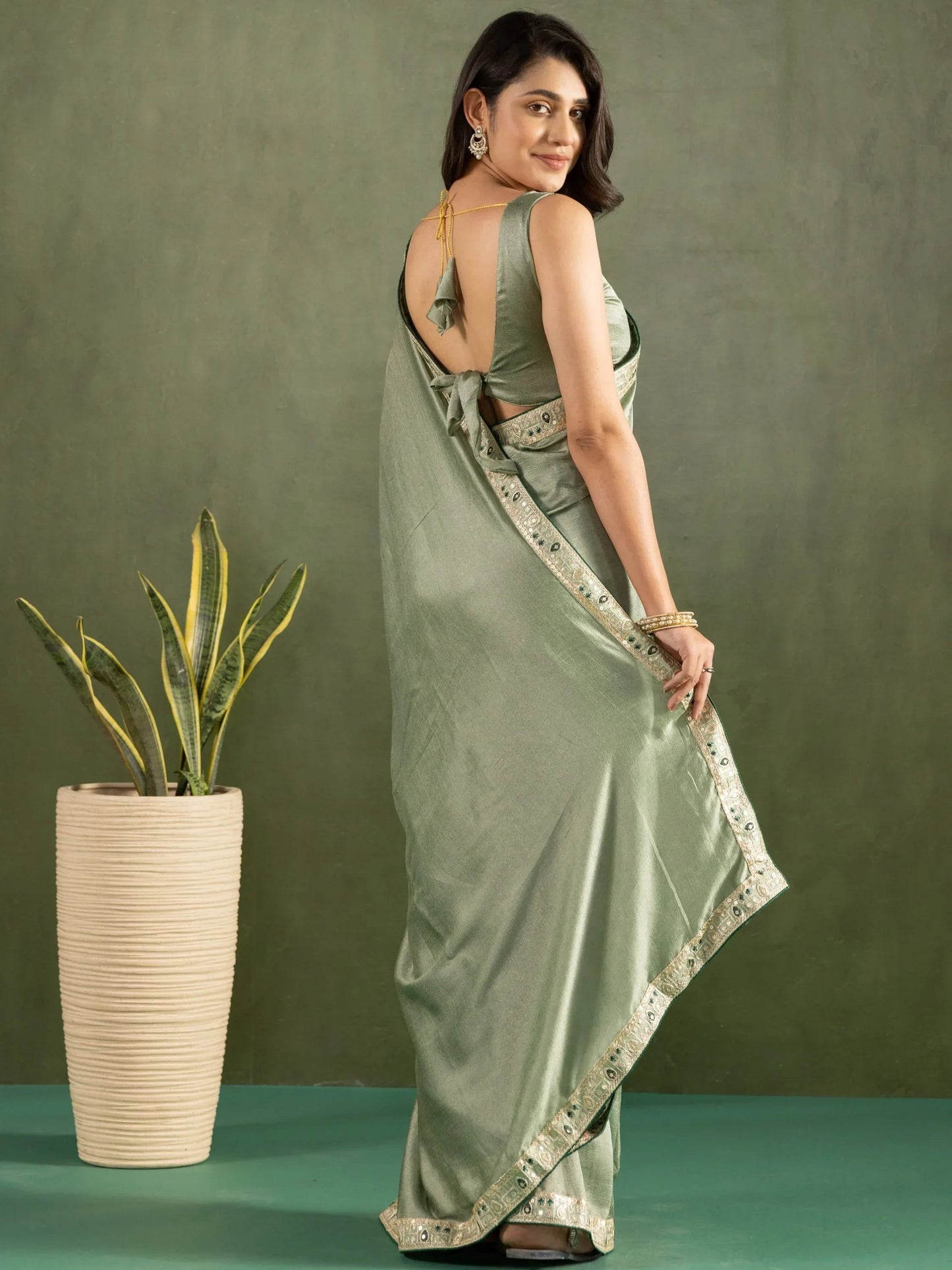 Marvelous Pista Green Border Work Chiffon Ready To Wear Saree With Blouse