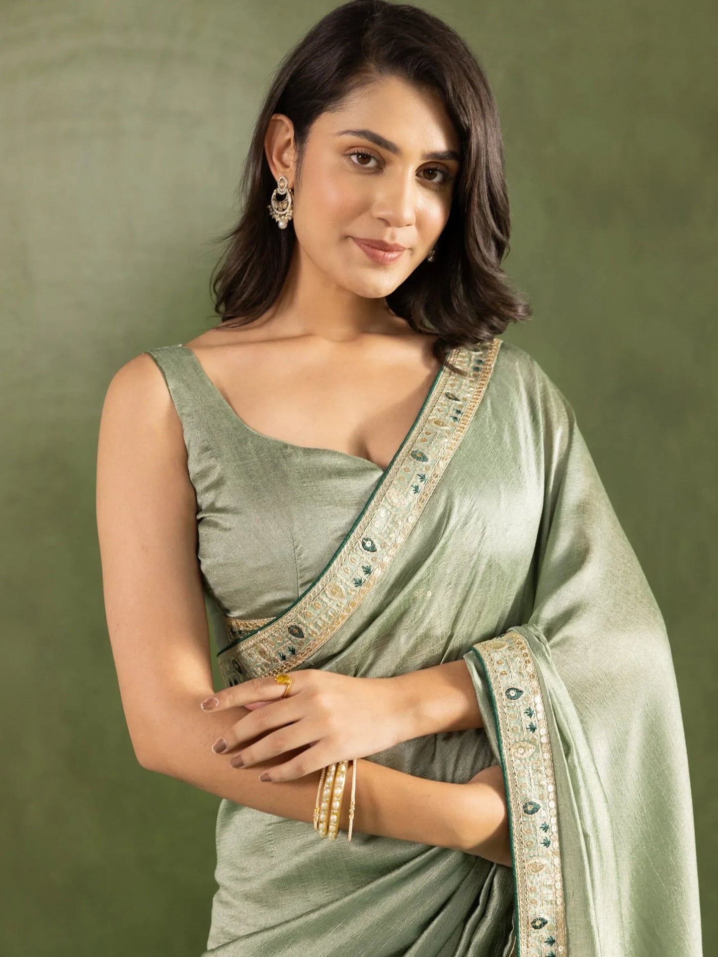 Marvelous Pista Green Border Work Chiffon Ready To Wear Saree With Blouse