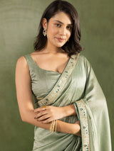 Marvelous Pista Green Border Work Chiffon Ready To Wear Saree With Blouse