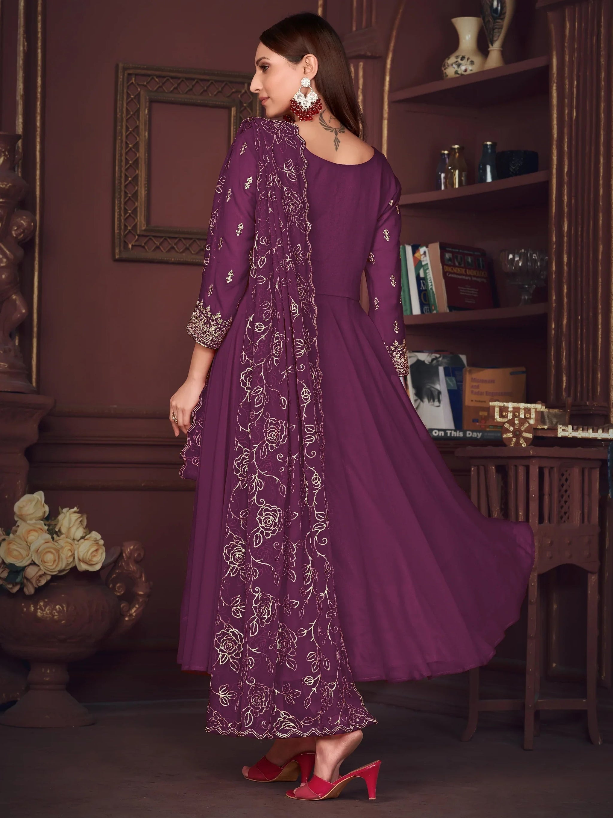 Marvelous Purple Embroidered Georgette Anarkali Suit With Dupatta