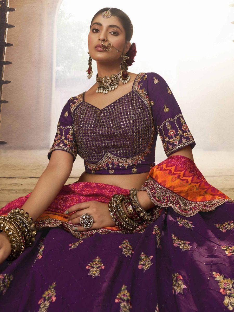 Marvelous Purple Embroidered Viscose Silk Sangit Wear Lehenga Choli