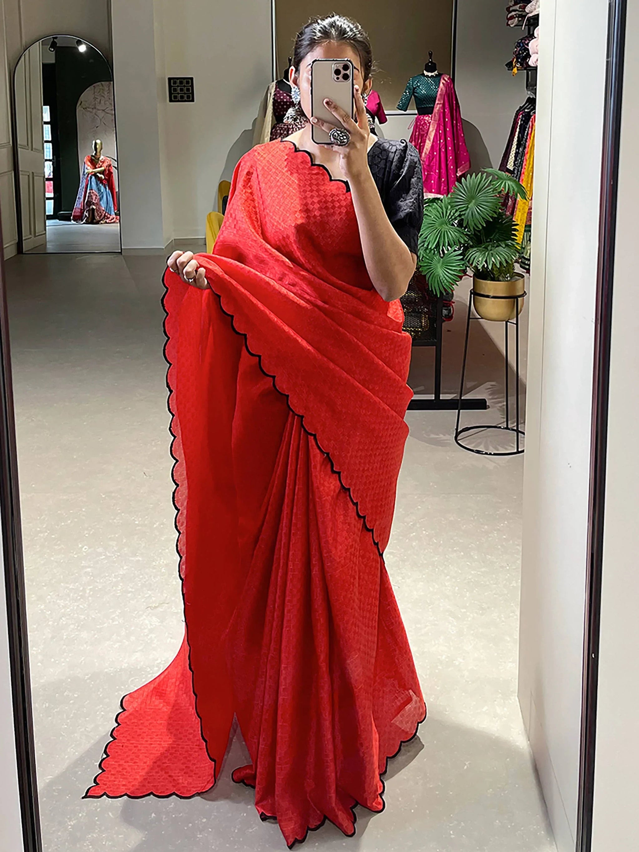 Marvelous Red Arca Work Gadhawal Chex Classic Saree With Blouse
