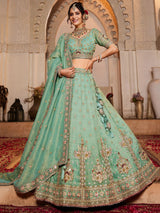 Marvelous Sea Green Bead Work Tissue Silk Reception Wear Lehenga Choli