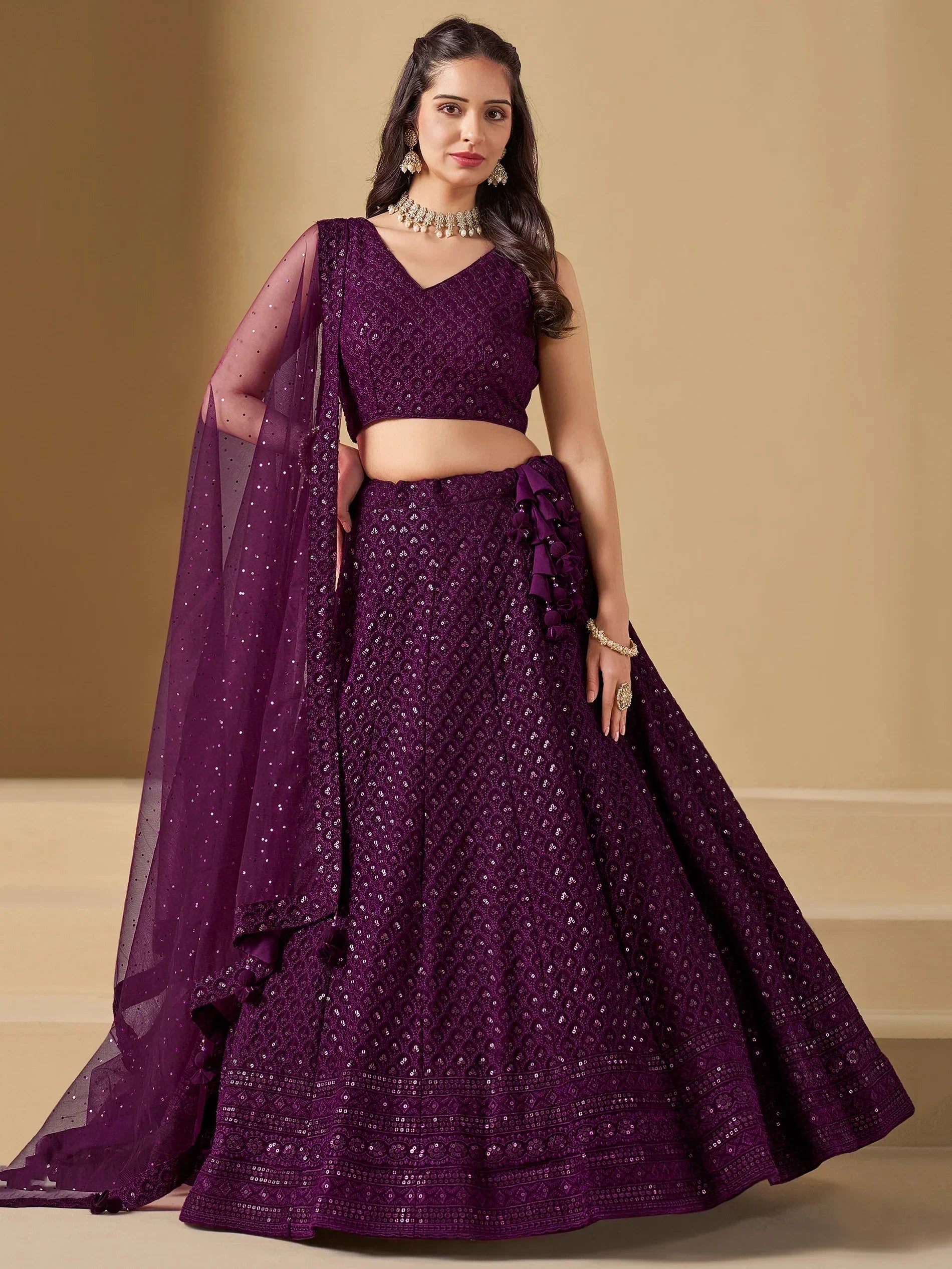 Marvelous Wine Thread Work Georgette Reception Wear Lehenga Choli