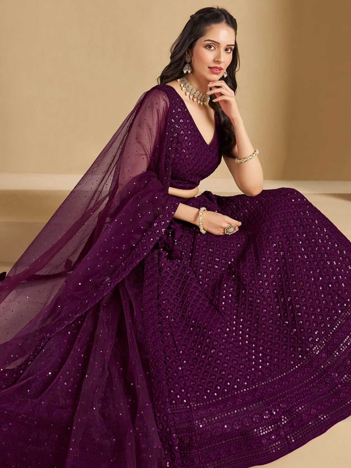 Marvelous Wine Thread Work Georgette Reception Wear Lehenga Choli