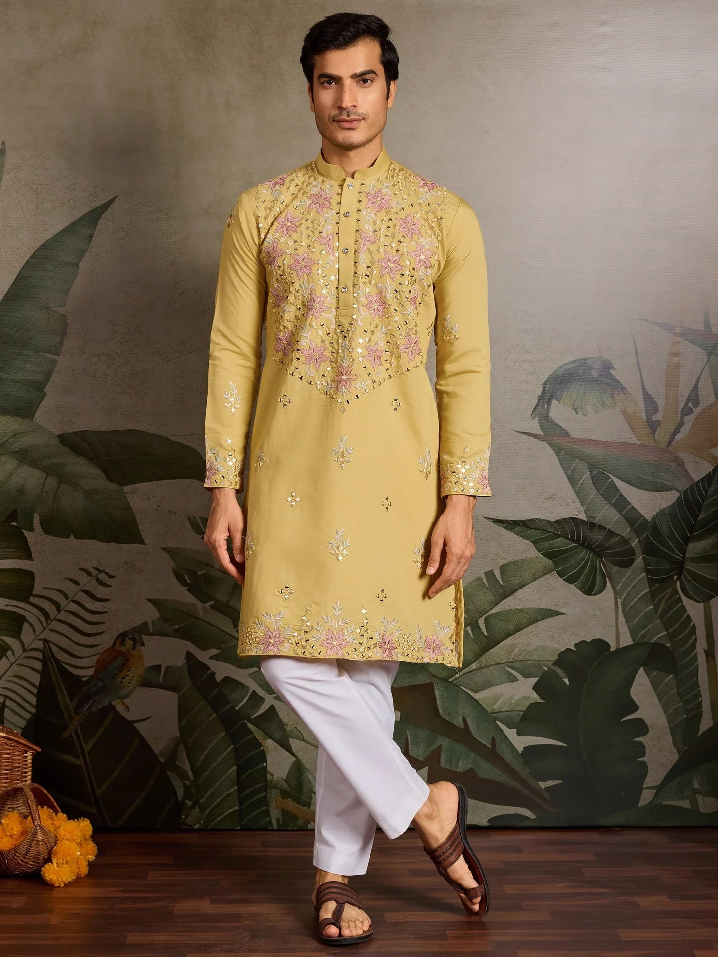Marvelous Yellow Mirror Work Viscose Silk Haldi Wear Men Kurta