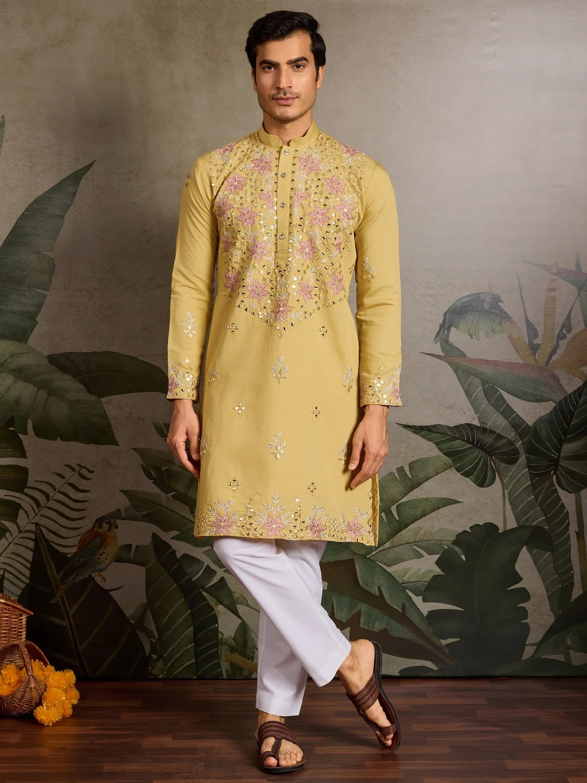 Marvelous Yellow Mirror Work Viscose Silk Haldi Wear Men Kurta