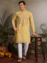 Marvelous Yellow Mirror Work Viscose Silk Haldi Wear Men Kurta