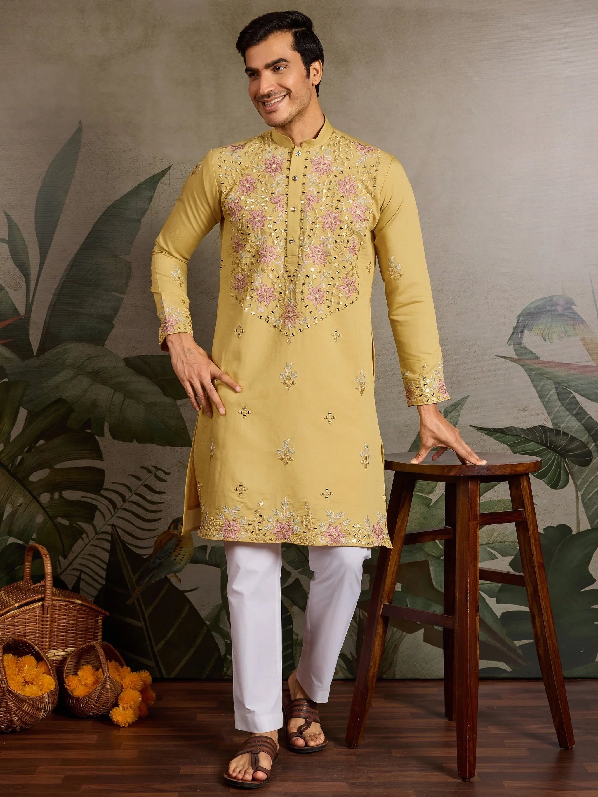 Marvelous Yellow Mirror Work Viscose Silk Haldi Wear Men Kurta