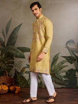 Marvelous Yellow Mirror Work Viscose Silk Haldi Wear Men Kurta