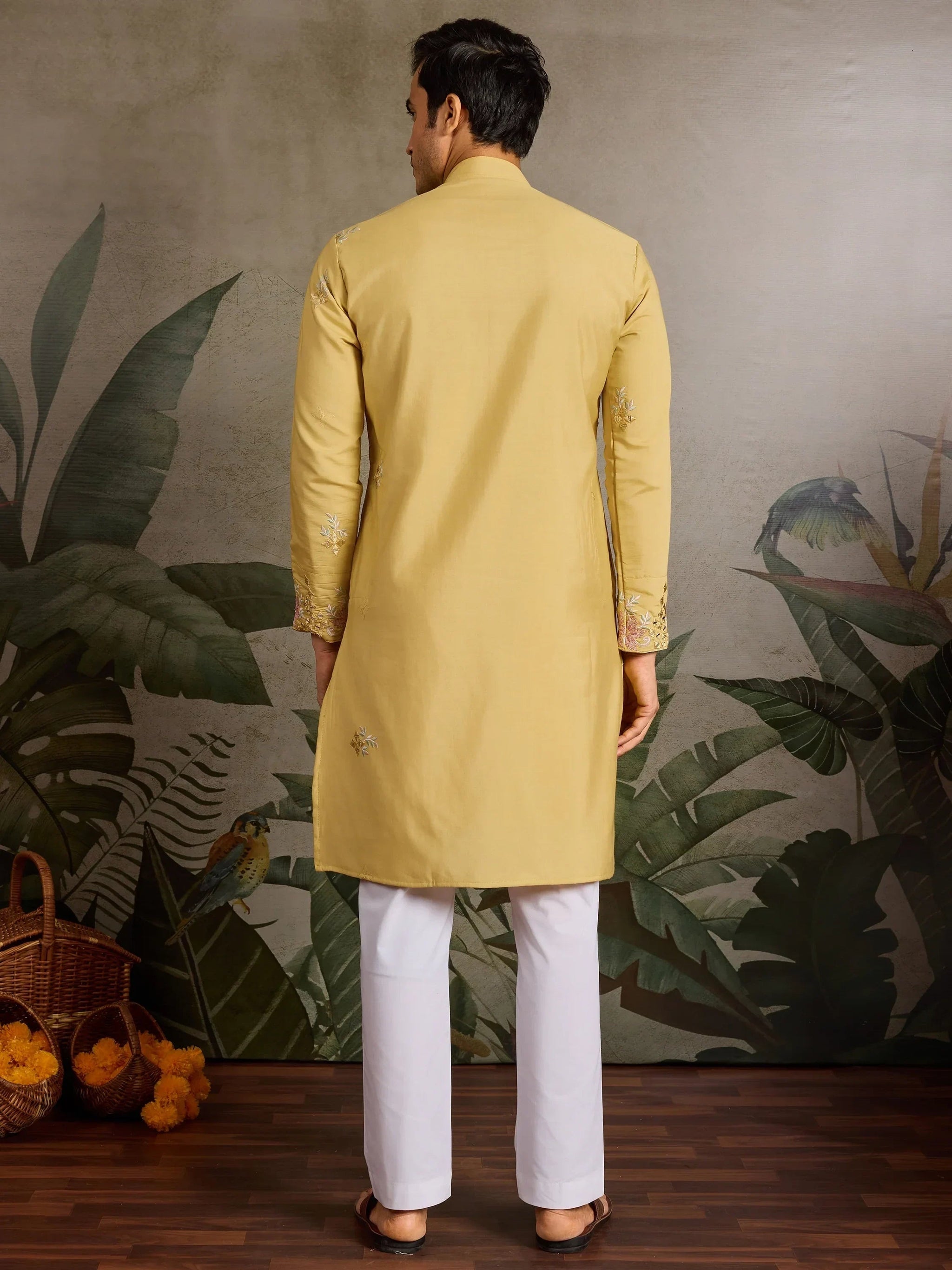 Marvelous Yellow Mirror Work Viscose Silk Haldi Wear Men Kurta
