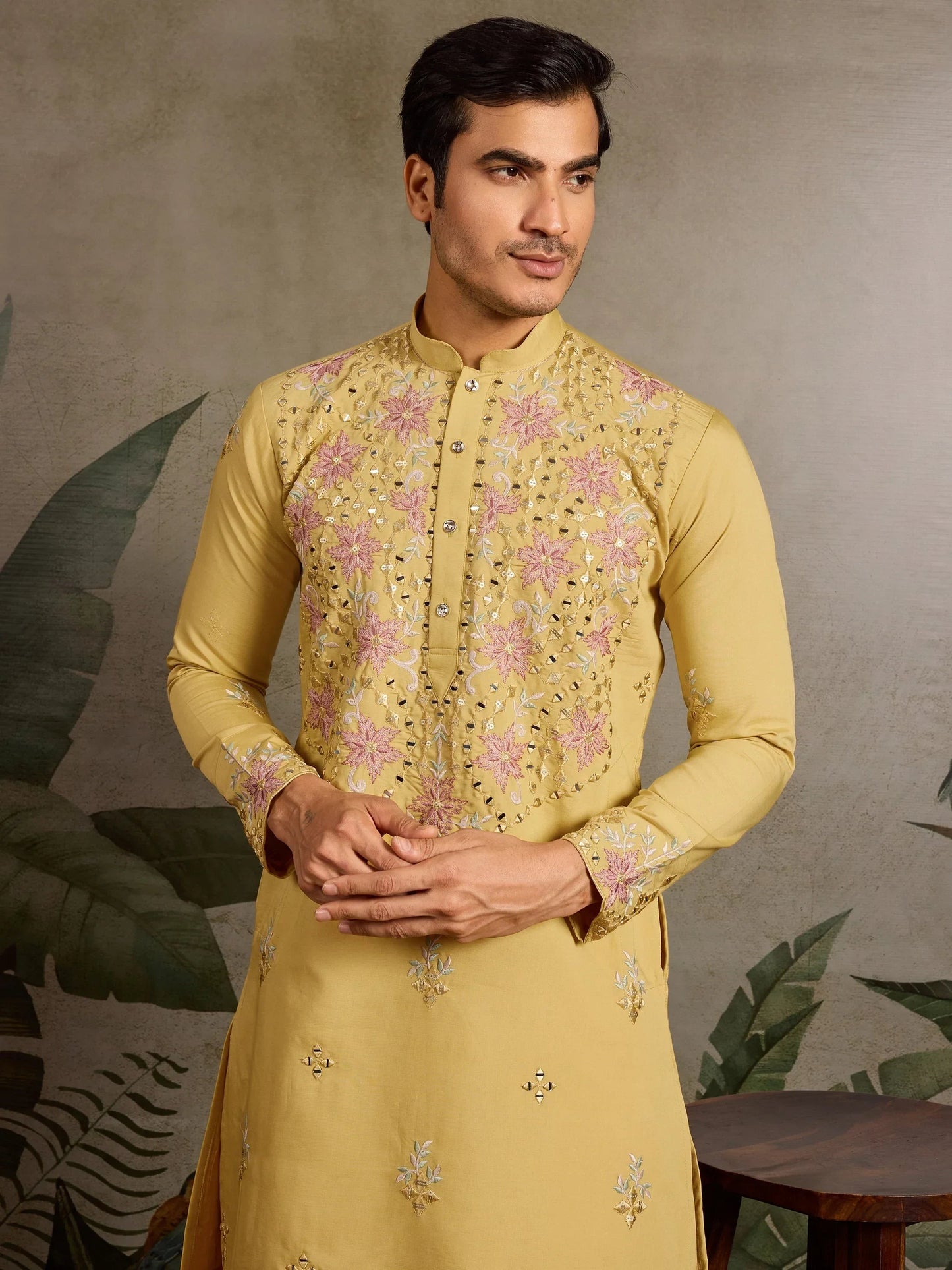 Marvelous Yellow Mirror Work Viscose Silk Haldi Wear Men Kurta