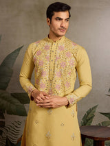 Marvelous Yellow Mirror Work Viscose Silk Haldi Wear Men Kurta