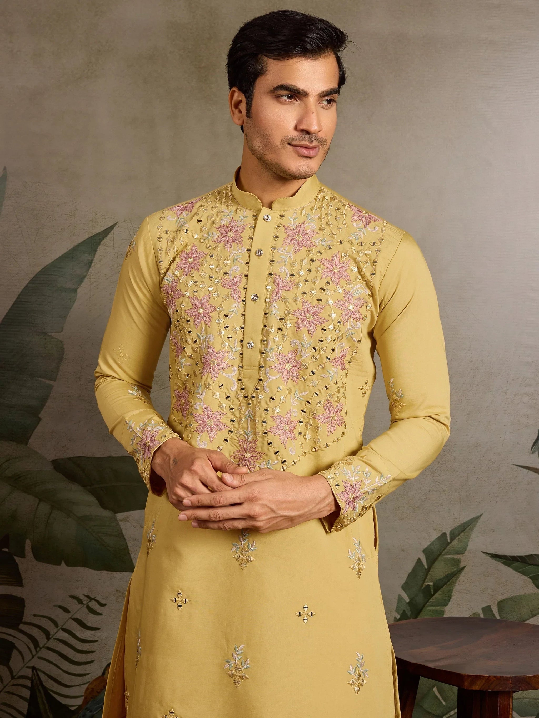 Marvelous Yellow Mirror Work Viscose Silk Haldi Wear Men Kurta