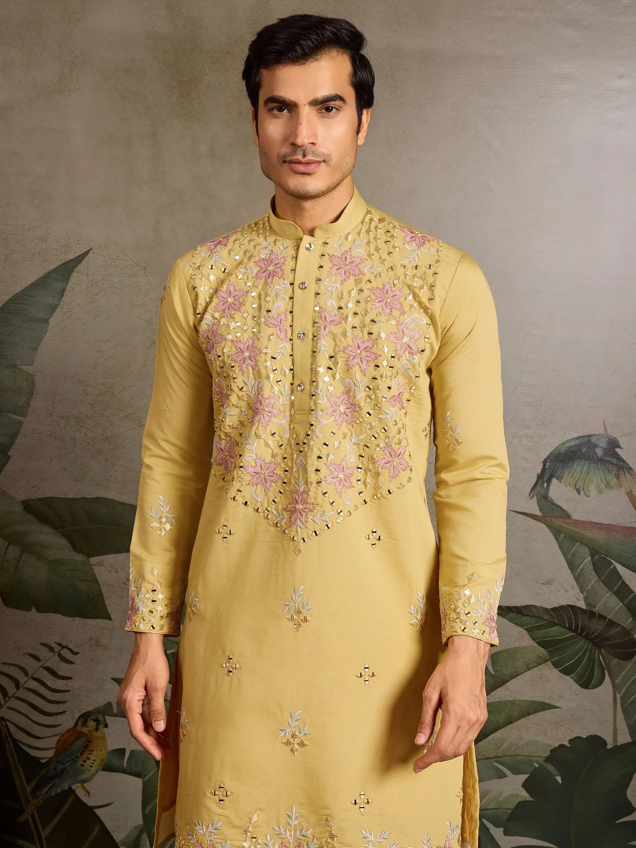 Marvelous Yellow Mirror Work Viscose Silk Haldi Wear Men Kurta