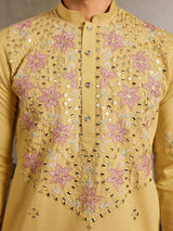 Marvelous Yellow Mirror Work Viscose Silk Haldi Wear Men Kurta