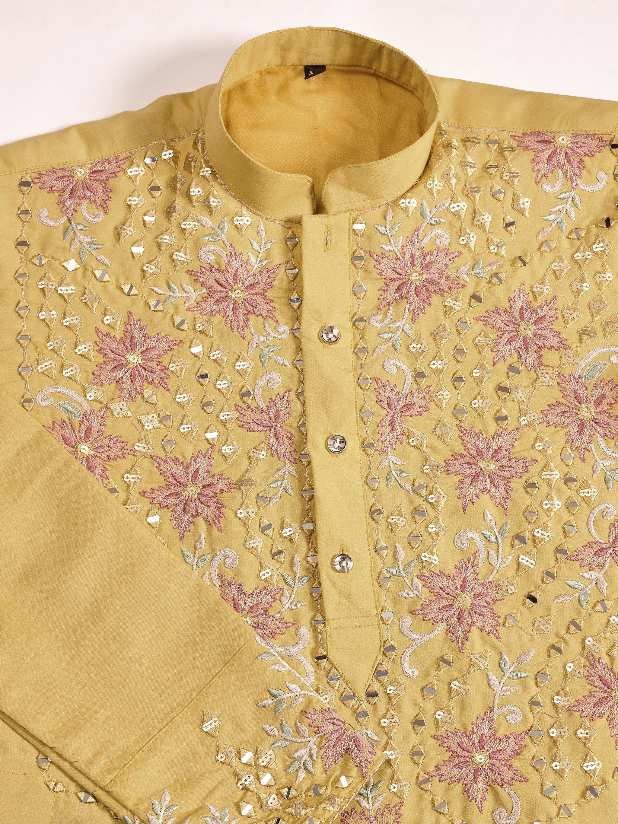 Marvelous Yellow Mirror Work Viscose Silk Haldi Wear Men Kurta