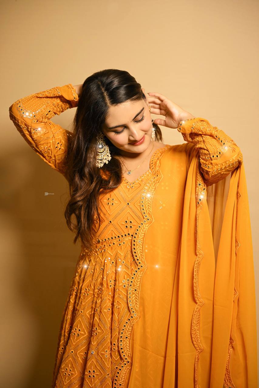 Masterd Yellow Premium Readymade Anarkali Suit Set –Faux Blooming with Heavy Sequins & Thread Embroidery