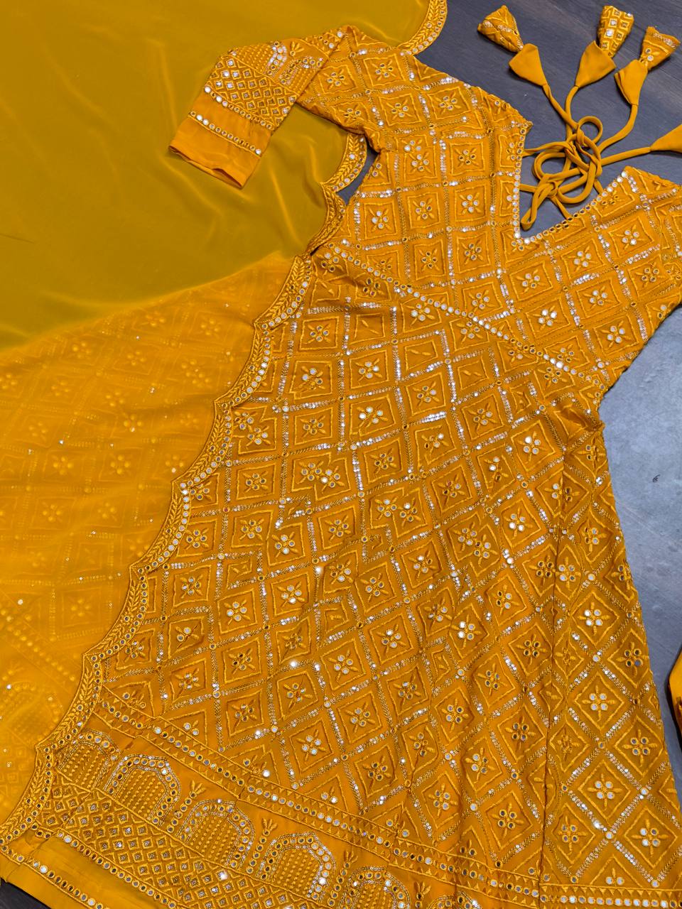 Masterd Yellow Premium Readymade Anarkali Suit Set –Faux Blooming with Heavy Sequins & Thread Embroidery