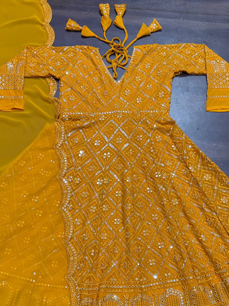 Masterd Yellow Premium Readymade Anarkali Suit Set –Faux Blooming with Heavy Sequins & Thread Embroidery