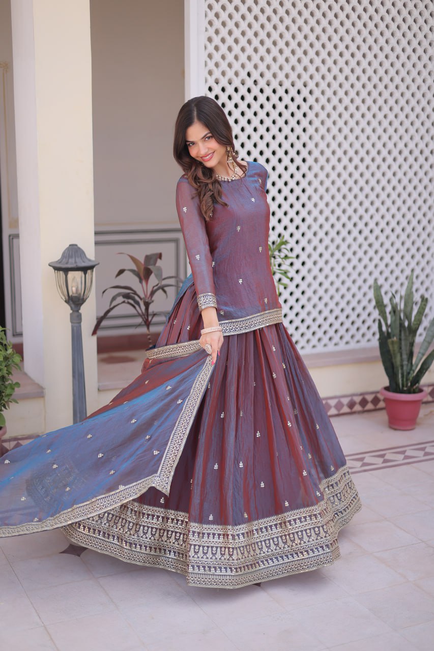 Mauve Chiffon Embroidered Top Lehenga Set